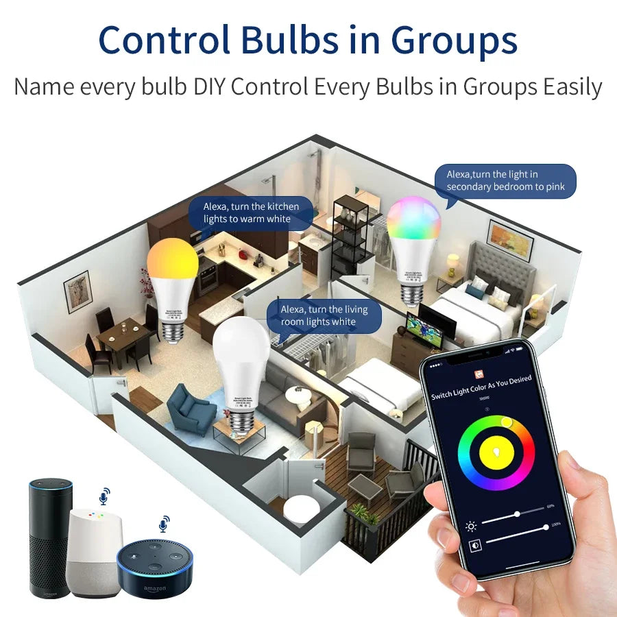 Tuya WiFi LED Smart Light Bulb, RGB, Voice Control via Alexa and Google Assistant