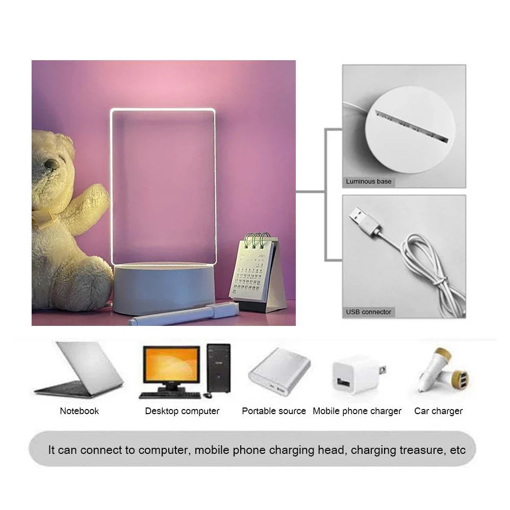Transparent LED lamp, acrylic, with a writing board and calendar