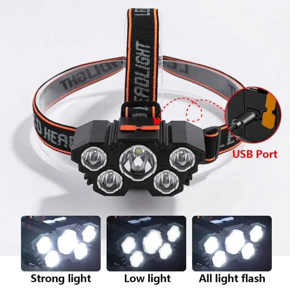 LED Headlamp, 5 Diodes, Rechargeable, Strong Light