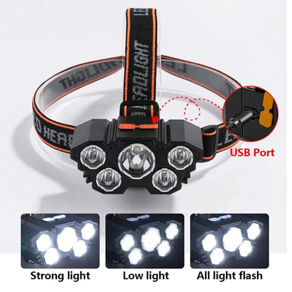 LED Headlamp, 5 Diodes, Rechargeable, Strong Light