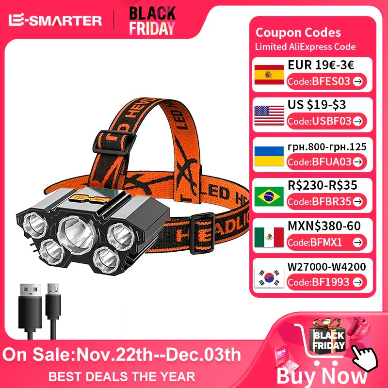 LED Headlamp, 5 Diodes, Rechargeable, Strong Light
