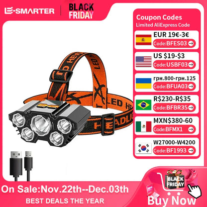 LED Headlamp, 5 Diodes, Rechargeable, Strong Light