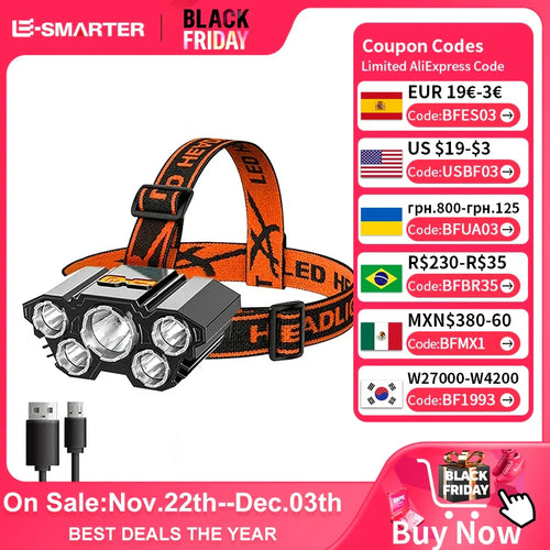 LED Headlamp, 5 Diodes, Rechargeable, Strong Light